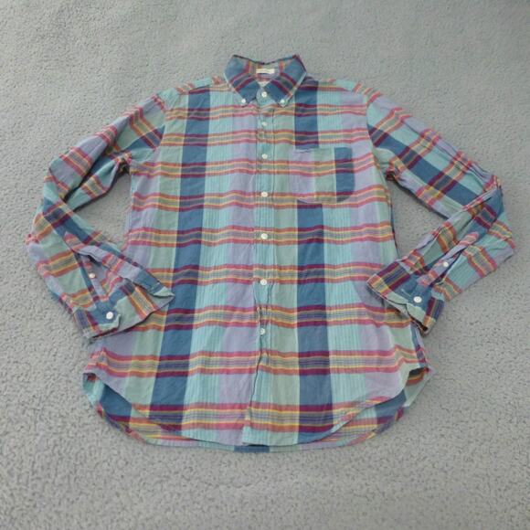 J Crew Shirt Mens Medium Button Up Indian Madras Plaid Blue Classic Cotton - Picture 1 of 9